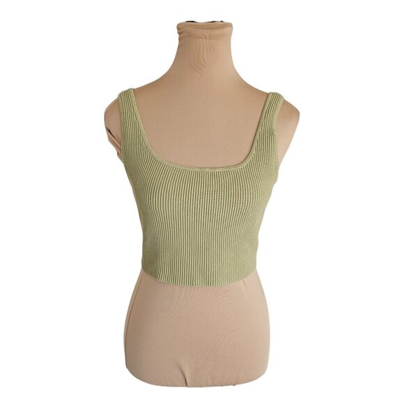 Babaton Aritzia Ribbed Sculpt Knit Green Cropped Top Sz M - Picture 1 of 6